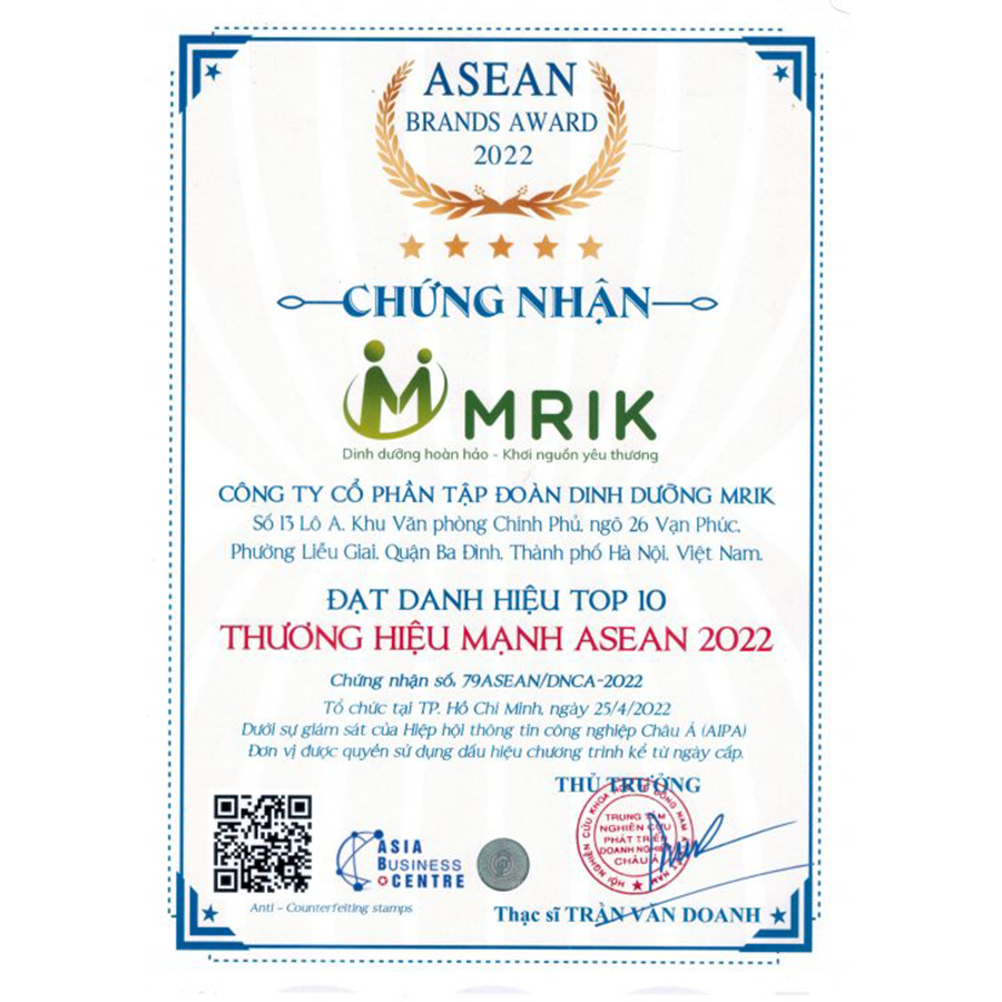 CHỨNG NHẬN ĐẠT DANH HIỆU TOP 10 THƯƠNG HIỆU MẠNH ASEAN 2022
